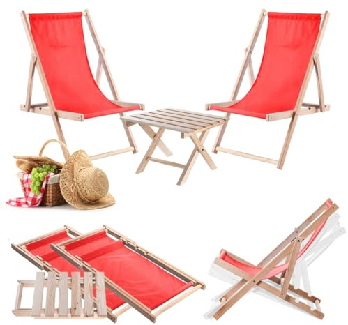 KADAX Table pliante avec 2 chaises longues, petite table de jardin en bois, table d'appoint pour balcon et jardin, petite table basse pliable (rouge)