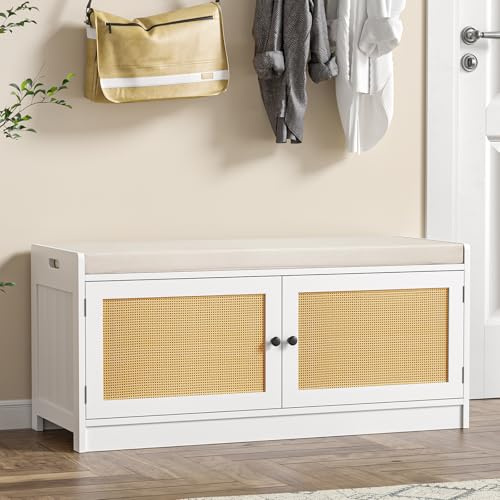 Skokliz Entryway Shoe Bench, Rustic Storage Bench with Cushioned Seat, Long Hidden Shoe Organizer Bench with 2 Doors, Wooden Shoe Benchs in Hallway Living Room Bedroom