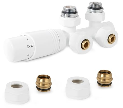 VANCOCO Weiß Thermostat Multiblock Hahnblock Eckdurchgang 50mm Nabenabstand | Multiblock Ventil-Armaturen Set mit Eurokonus, passend für Ø16×2 mm Kunststoffrohre & Ø15mm Kupferrohre für Heizkörper