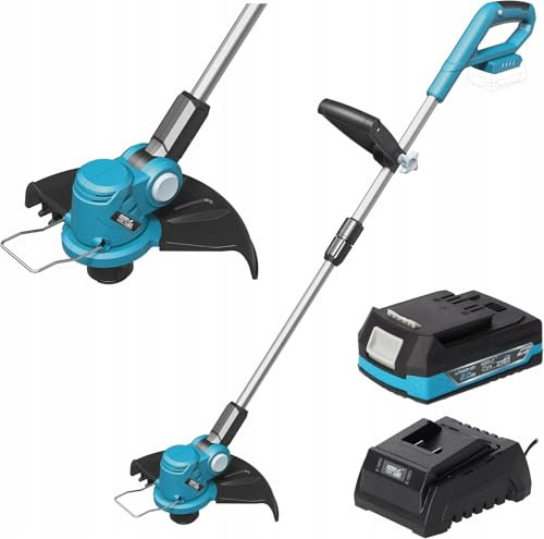 Elektro-Rasentrimmer set DEDRA mit 2.0Ah18V akku und Ladegerät, Schnittdurchmesser ⌀30 cm, 8800 U/Min, leicht und ergonomisch Gewicht 1,9kg Teleskoprohr und verstellbarer Griff