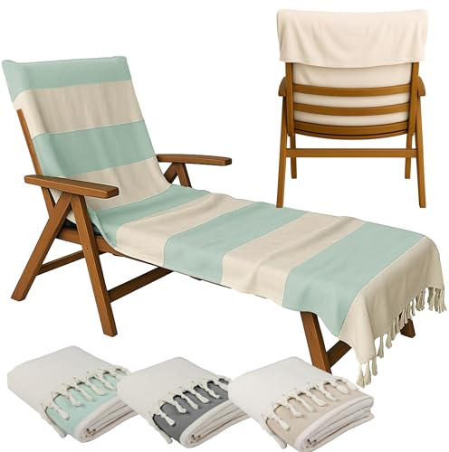 CalmyBEACH Serviette pour chaise longue - 200 x 70 cm - Capuche incluse - 100 % coton - Housse de protection pour chaise longue de jardin et plage (jade / naturel)