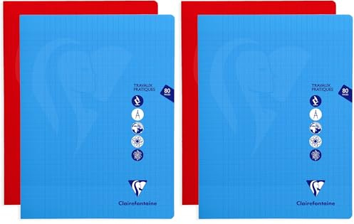 Clairefontaine 303327C - Schulheft/Praxisarbeitsheft Mimesys DIN A4+ 24x32 cm, geheftet, 40 Blatt, französische Lineatur 90g + blanko 125g, Einband aus PP, 2 Farben sortiert: rot und blau, 1 Stück