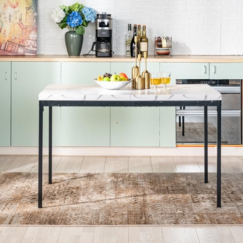 FurnitureR Tables de Salle à Manger en Imitation Marbre Blanc, Style Épuré et Élégant pour 4 à 6 Personnes, Plateau en Bois Epais avec Structure Métallique, pour Cuisine, Salle à Manger, 120x70x75cm