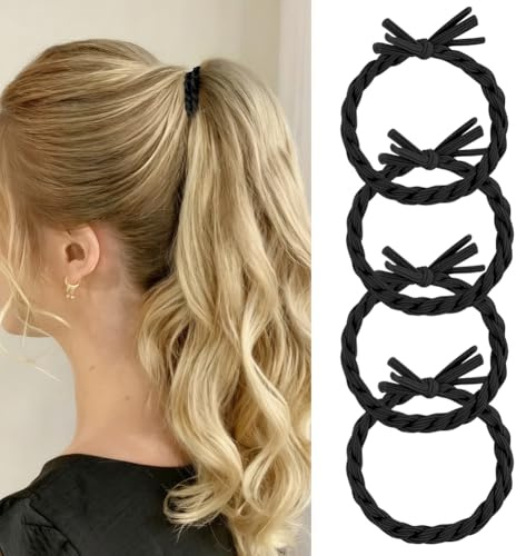 LOPHE Goma Pelo Mujer, 4 Piezas Gomas de Pelo Trenzadas Negras, Coletero del Cabello Elásticas, Gomillas Cabello Niña Mujer, Bandas de Suave Tejidas, Hair Ties sin Metal, Coletero para Cola de Caballo