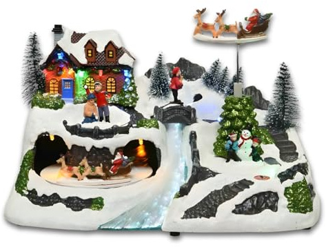PALUPLUS Villaggio di Natale con Babbo Natale sulla Slitta, Misura 31x20x18,5 cm, Giostrina da Tavola con Luci, Musica e Movimento, con casa innevata e Renne, Decorazioni Natalizie -869C -1,38