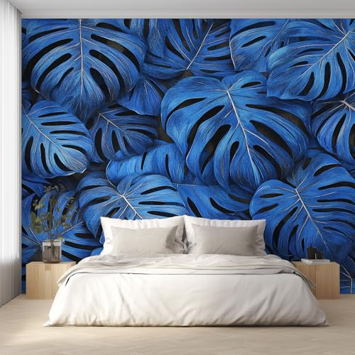 Blue Monstera Photo Wallpaper, Tropical Botanical Leaf Wallpaper Mural, 500x350cm Wall Paper for Bedroom Living Room, Non-Woven Wall Mural Room Decor EL&D67