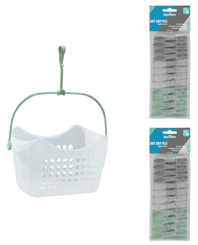 JVL Peg Basket with 48 Soft Grip Plastic Clothes Pegs – Non-Slip Laundry Peg Holder – Assorted Colours