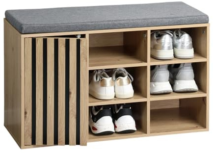 Kesper | Schuhschrank mit Sitzkissen, Material: FSC®-zertifizierte Spanplatte, Maße: B: 76 x H: 48 x T: 29,5 cm, Farbe: Sonoma Eiche Optik, Grau | 1594613