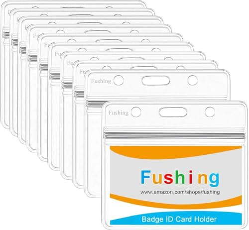 Fushing 10 PCS Clear Waterproof Plastic Badge Holders Name Tag Badge ID Card Holders (100x85mm) (Horizontal)