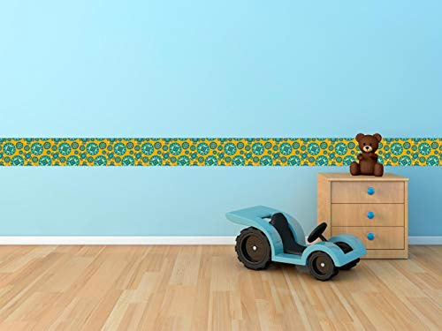 Oedim Packung mit 5 Stück 120 x 15 cm Selbstklebende Bordüre aus Vinyl und Tapeten für Wand, Blumen gelb und blau, Hintergrund orange 120x15cm