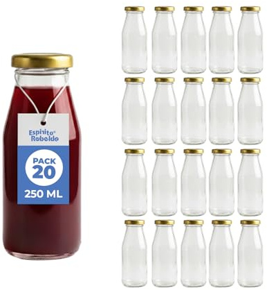 Espirito Rebelde Pack de 20 Botellas de Vidrio Vacías de 250 ml con Tapa Blanca - Botellas de vidrio para jugos, leche, barbacoas, salsas - Ideal para Picnics, Bodas y Fiestas.
