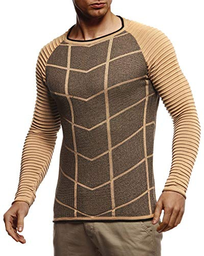 Leif Nelson Maglione da uomo con scollo rotondo, sottile da uomo, per inverno e estate, con scollo rotondo, beige nero, S