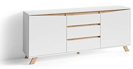 byLIVING Sideboard Valentin, Schrank mit 2 Türen und 3 Schubkästen | Kommode matt weiß mit Absetzung in Eiche-Optik, Im Scandi-Style, Grifflos, B 180, H 80, T 38 cm