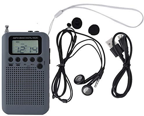 ASHATA Radio FM/Am portátil, Mini Bolsillo Multifuncional Radio de decodificación Am/FM Radio Digital de 2 Bandas con sintonización 8UV Radio estéreo con Antena telescópica, Auriculares de 3.5 (Gris)