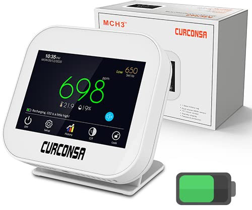 CO2 Monitor, CURCONSA CO2 Detector with Ambient Temperature, Humidity and Clock, Rechargeable Lithium Battery with 1800 mAh, 3.5 Inch TFT Colour Screen with Capacitive Touch