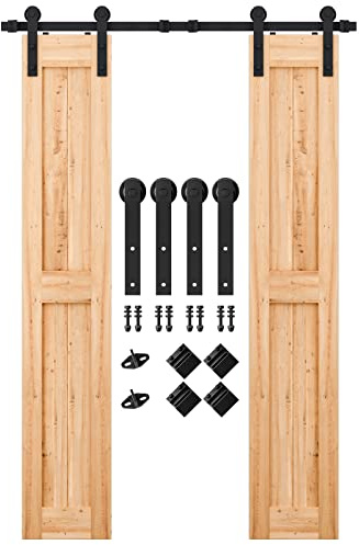 SMARTSTANDARD 5FT Heavy Duty Double Door Sliding Barn Door Hardware Kit,Smoothly and Quietly-Easy to Install-Includes Step-by-Step Installation Instruction Fit 15 Wide Door Panel