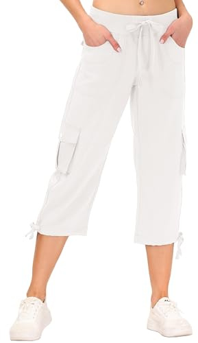 JINSHI Pantalones Cargo Mujer Verano Pantalón 3/4 Largos Capri Pantalones Casual Ligero Senderismo Jogging Deportivo Multi-Bolsillos Blanco Talla XL