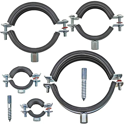 10 Stück Set Rohrschellen aus Stahl verzinkt Spannbereich 60-64 mm 2 Zoll Rohr Außendurchmesser mit Schallschutz Gummi Einlage + Stockschrauben Befestigung Halterung