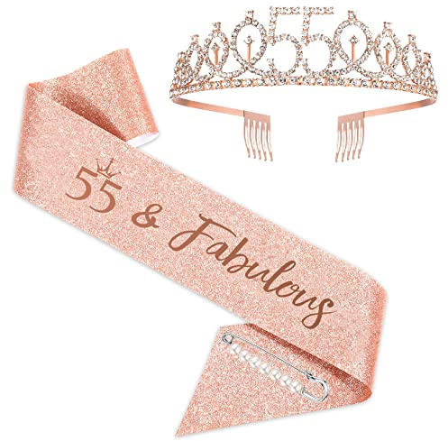 SZHUIHER Schärpe und Tiara zum 55. Geburtstag, Roségold-Geburtstagsschärpe, Krone 55 & fabelhafte Schärpe und Tiara, Geschenke zum 55. Geburtstag für glückliche 55. Geburtstagspartys