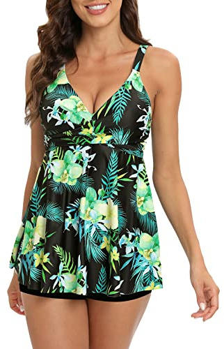 Adigaber Maillot De Bain Deux Pièce Tankini Imprimé Rembourré Maillot avec Short de Garçon Maillots de Bain à Jupette Elégante Taille Haute Beachwear,Fleur Verte,XL
