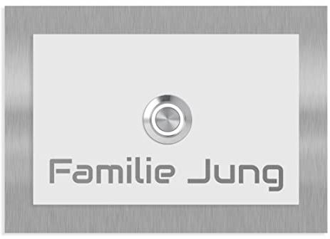Jung-Edelstahl-Design V2A Edelstahl Türklingel Boston 13 weiss pulverbeschichtet. Klingelschild mit Gravur 17x12 cm. Led Klingeltaster. Klingelplatte Aufputz oder Unterputzmontage.