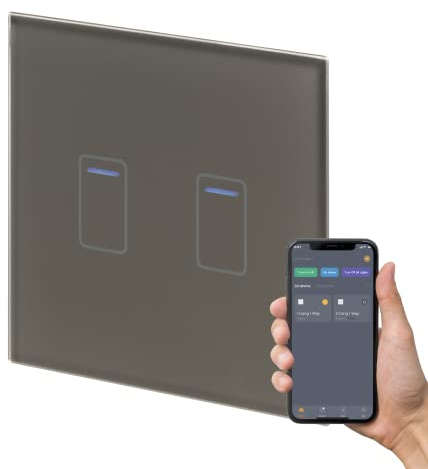 Retrotouch Crystal+ Touch WiFi Switch | 2 Gang Smart Light Switches | Multi Control | Remote Control | App Compatible With Alexa & Smart Life | Brass Glass Finish | LED Indicator