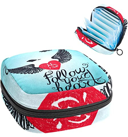 Schriftzug Flügel Herz Inspirierende Periode Tasche Tragbar Tampon Aufbewahrungstasche für Damenbinden, Mehrfarbig, 4.7x6.6x6.6 in/12x17x17 cm