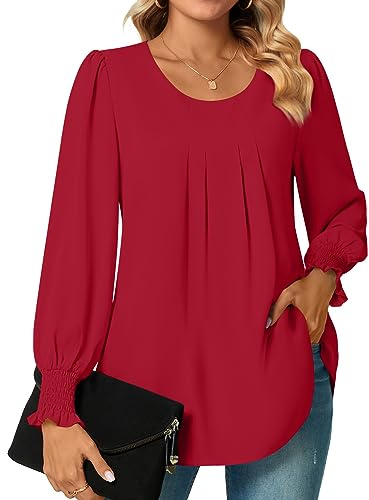 Bestbee Womens Long Sleeve Tunic Tops Dressy Chiffon Blouses Crew-Neck Smocked Cuffs Sleeve Shirts Casual T-Shirts Ladies Pleated Tops, Red, L