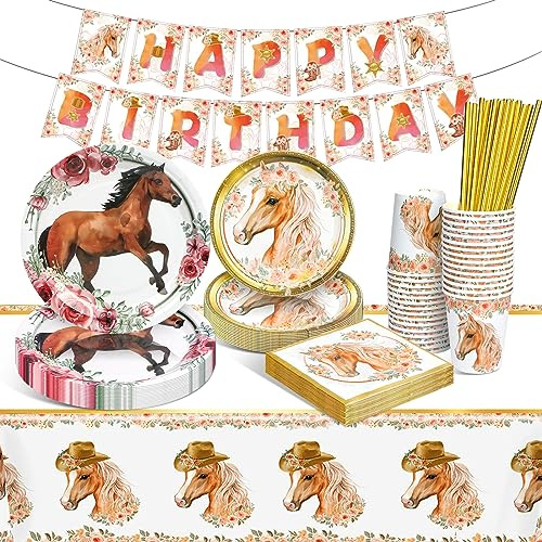 HLEIUKT Pferde Geburtstagsdeko, 16 Gäste Pferde Partygeschirr | Pappteller Kindergeburtstag mit Becher Servietten Trinkhalme Tischdecken für Deko Kindergeburtstag