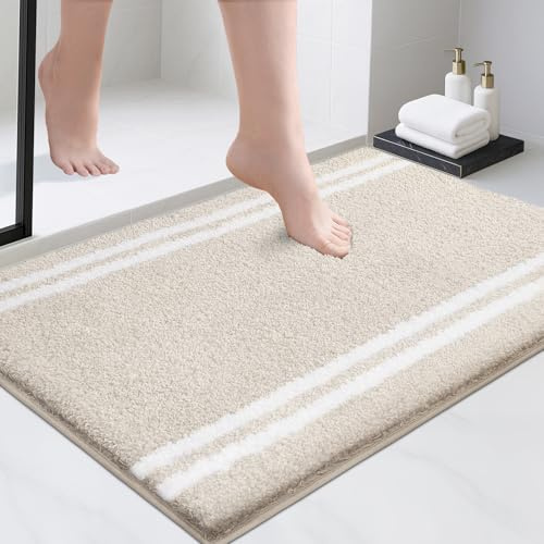 PURRUGS Bathroom Rug Non-Slip Machine Washable 24 x 36, Super Absorbent and Quick Dry Shaggy Microfiber Bath Mat, Extra Soft and Plush Bath Rug for Bathtub, Shower, and Sink, Beige