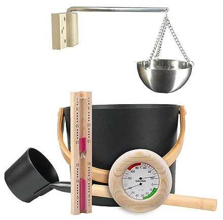 Sauna Accessories Kit,Complete Aluminum Bucket Set with Ladle,Thermometer/Hygrometer/Sauna Bucke/Hourglass,Great for Sauna and Spa,7L