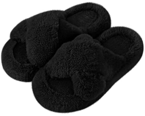 Wostock Pantoufle Femme Chausson Peluche Chaud Slippers Claquette Fourrure Sandal Bout Ouvert Accueil Chaussures pantoufles femme hiver Antidérapant