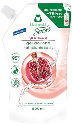 RAINETT Senses - Gel Douche Rafraîchissant à la Grenade - 95% d'Ingrédients d'Origine Naturelle - Formule Vegan - Gel Douche pH Neutre Pour La Peau - Eco-Recharge 500 ml