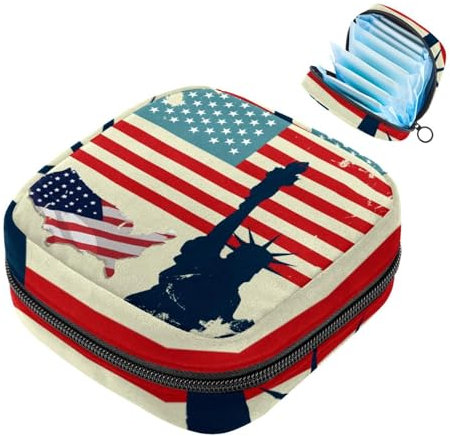 1 x Damenbinden-Aufbewahrungstasche, großer Damenbinden-Organizer, wiederverwendbar, für Mädchen, Frauen, Damen, 17 x 17 x 12 cm, Grunge USA-Flagge, Statue Liberty Retro