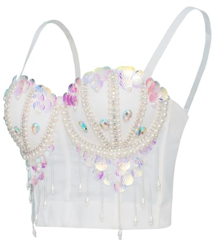 ROYAL SMEELA Damen Korsett Bustier BH Pailletten Top Perlen Strass Bustier Crop Top Clubwear Party BH Fransen Oberteil Sexy