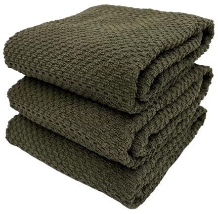 Serafina Home Olive Green Kitchen Hand Dish Towels: Oversized 28 x 18,100% Cotton Cloth Soft Cleaning Drying Absorbent Ribbed Design, Set of 3 Multipurpose for Everyday Use (Olive Textured)