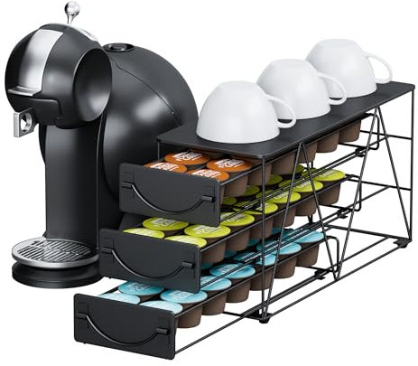HFHOME Coffee Pod Holder for Dolce Gusto, 42 Capsules Storage Drawer, 3 Tier Thick Metal Coffee Pod Storge, K Cup Pods Organizer Drawer with Non-Slip Feet for Small Space Counters
