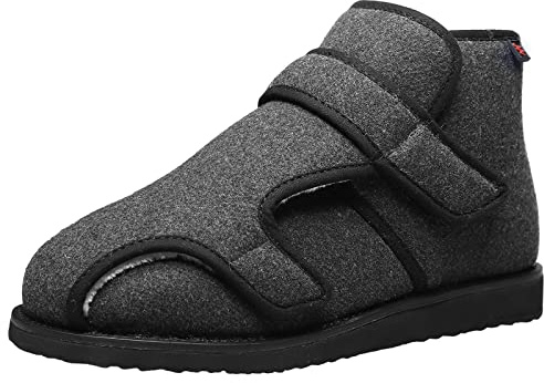 ZHENSI Chaussures Diabétiques Hommes, Chaussures Réglables pour Pieds Larges Et Gonflés Pantoufles Montantes Chaudes en Mousse À Mémoire De Forme Antidérapantes,Gris,44 EU