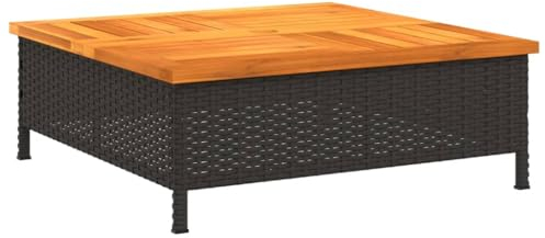 SDWEHO7 Gartentisch mit Holzplatte, Wetterfest PE Rattan Garten Tisch Beistelltisch Balkontisch Kaffeetisch Teetisch für Garten Balkon, Schwarz 70x70x25 cm