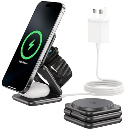 KU XIU X40Q Qi2 Induktive Ladestation 3-in-1, Magnetisches Kabelloses Ladegerät, Faltbares Reiseladegerät 15W für iPhone 17–12 /Air, 5W für iWatch Ultra/SE/Serie 11–4 und kabellose Kopfhörer, Grau