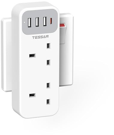 TESSAN Double Plug Extension Socket with 4 USB(1 USB C） | 2 Way Multiplug Adaptor, 13A Power Extender for Home, Kitchen, Office, School