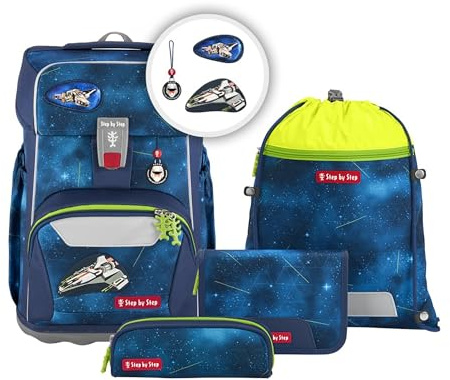 Step by Step Giant Schulranzen-Set „Starship Galactus“, blau | 5-teilig, ergonomischer Tornister, Reflektoren, höhenverstellbar, Hüft- und Brustgurt, ab der 1. Klasse, 23 Liter, Raumschiff