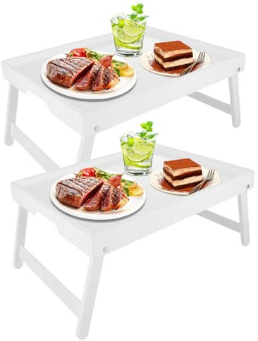 SHUESS Confezione da 2 vassoi da letto in bambù bianco, 41,5 x 30 x 20,5 cm, con gambe pieghevoli, vassoi per mangiare in grembo, ideale per letto, divano, mangiare, piatti, lavorare, servire e