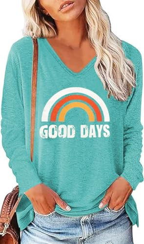 AVOZAL Tshirt Damen Langarm Bedruck Regenbogen Elegant Langarmshirt V-Ausschnitt Oberteile Casual Lose Longshirt Tunika Shirts Tops(M, Seeblau)