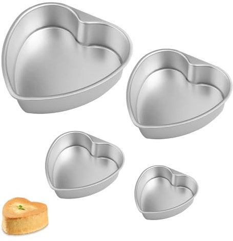 Eidoct 4 Pack Heart Cake Pan Set With Removable Bottom - Aluminum Non-Stick Molds in 4 6 8 10 Sizes for Layered Oven Baking