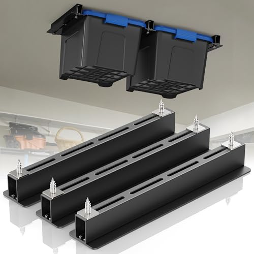 WooFog Rack portaoggetti da soffitto per garage, rack per garage a soffitto, binari da soffitto resistenti, per borse da 27 galloni, sistema di stoccaggio nero (3 set per 2 bidoni)
