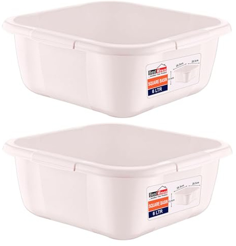 Best House | Plastic Washing up Bowl Basin | 6 Litres | Small Square | WHITE | 2 pcs | Multipurpose Bath Tub/Washing Tub for Kitchen, Bathroom, and Household Use (Pack of 2)