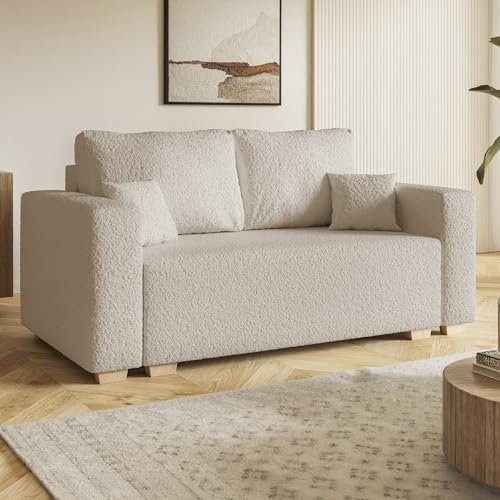 MOTIVENA Viego 2 Sitzer Sofa mit Schlaffunktion, Schlafsofa 160 cm Breit, Sofa 2 Sitzer, 2er Sofa, Sofa Klein, Keine Couch, Schlafsofa 2 Sitzer, Taschenfederkern (H3), Boucle Sofa Beige (Creme)