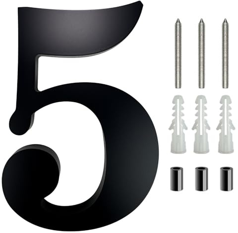 4/5/6/8/10/12 Inch Floating House Numbers Modern Acrylic Door Number Black Mailbox Address Sign with Screws, for Apartment Wall Decor Garden Plaque Hotel Home Street Room Cafe Yard Office(5,12In)