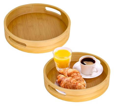Axincardarm Small Round Wooden Tray with Handles for Coffee Food 2 Pcs | for Serving Fruit Beverages Tea Plate, 30 x 30 x 5 cm, 25 x 25 x 5 cm